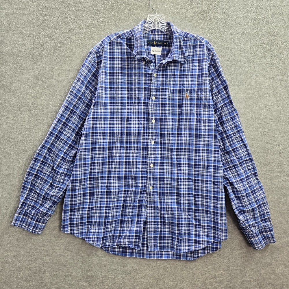 Ralph‎ Lauren Men Button Up Shirt 2XL Blue Plaid Long Sleeve Collar Cotton